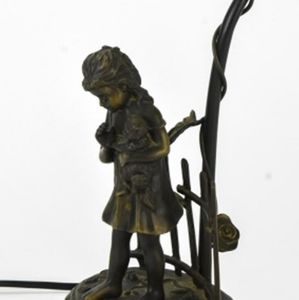 Vintage bronze, Girl holding cat lamp